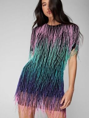 Nasty Gal Black Dress with Pink Beaded Fringe